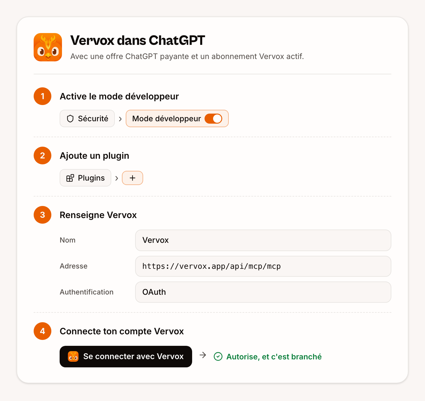 Les 4 étapes pour connecter Vervox à ChatGPT
