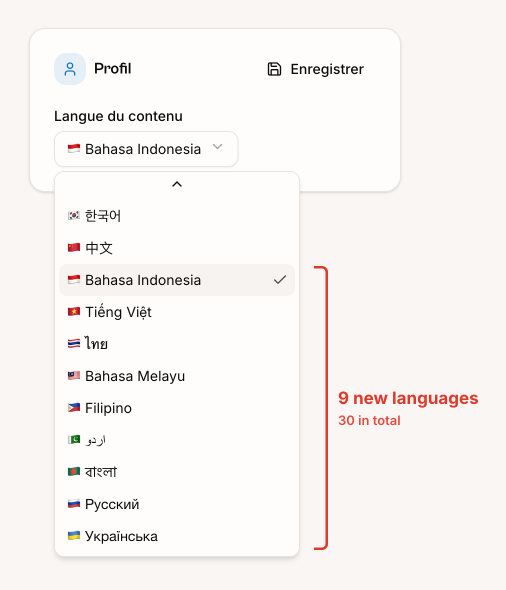 Le choix de la langue du contenu dans les réglages, avec les 9 nouvelles langues