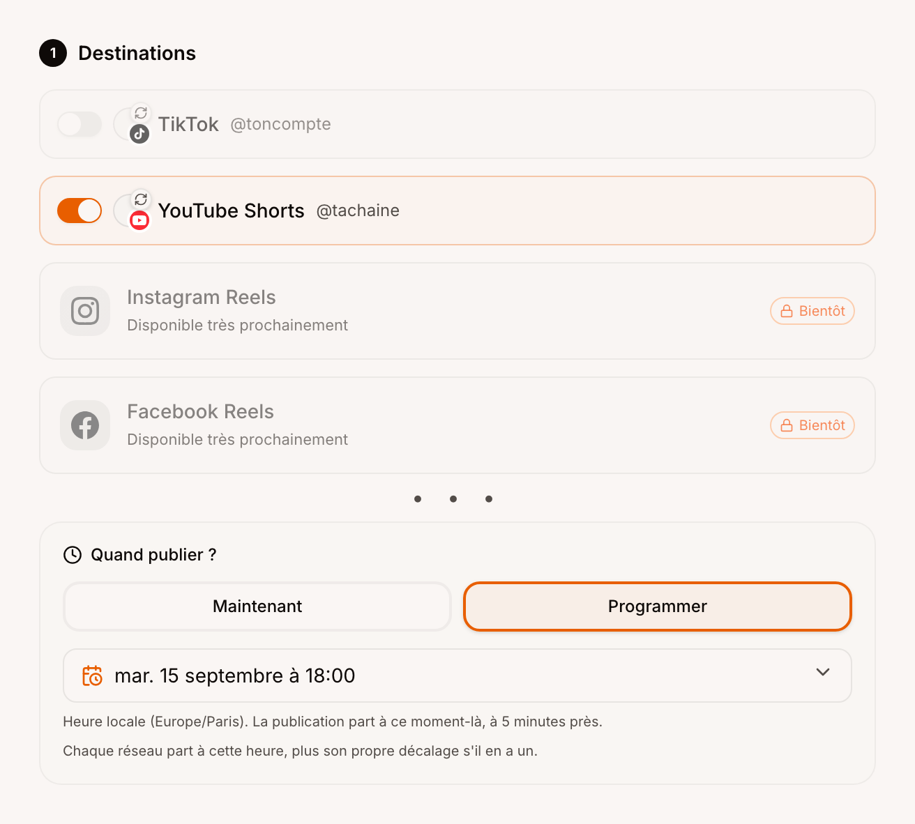 Les destinations de publication, avec TikTok désactivé, YouTube activé et la programmation