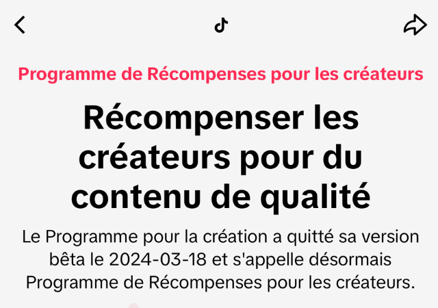 Page officielle du Programme de Récompenses pour les créateurs TikTok