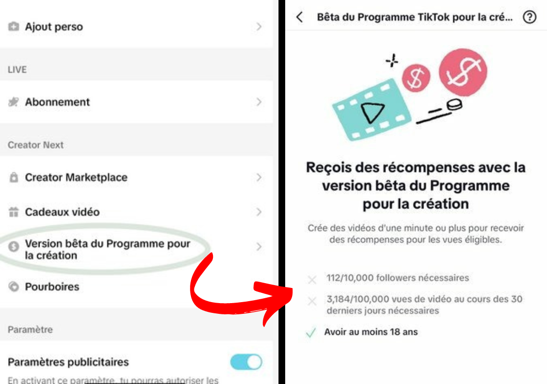 Menu Creator Next dans l'application TikTok pour accéder au Creator Rewards Program