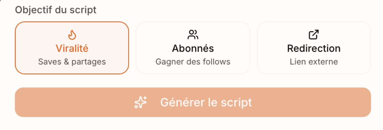Sélecteur d'objectif lors de la génération de script