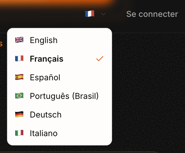 Seletor de idioma do Vervox — inglês, espanhol, português, alemão, italiano