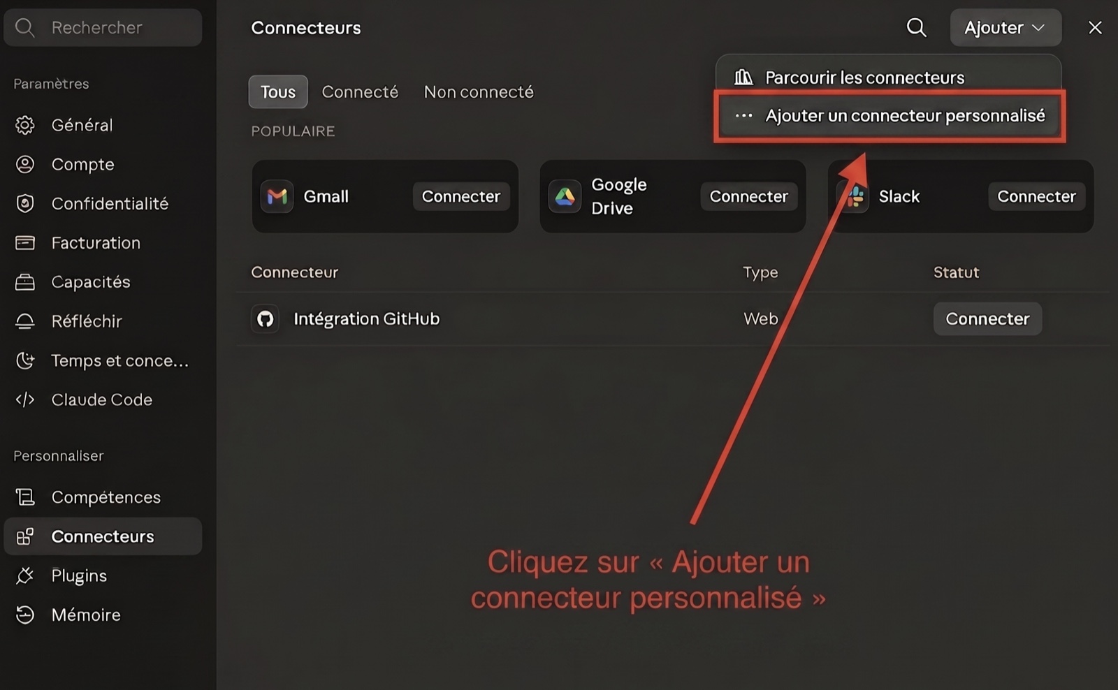 Adicionar um conector personalizado nas configurações do Claude