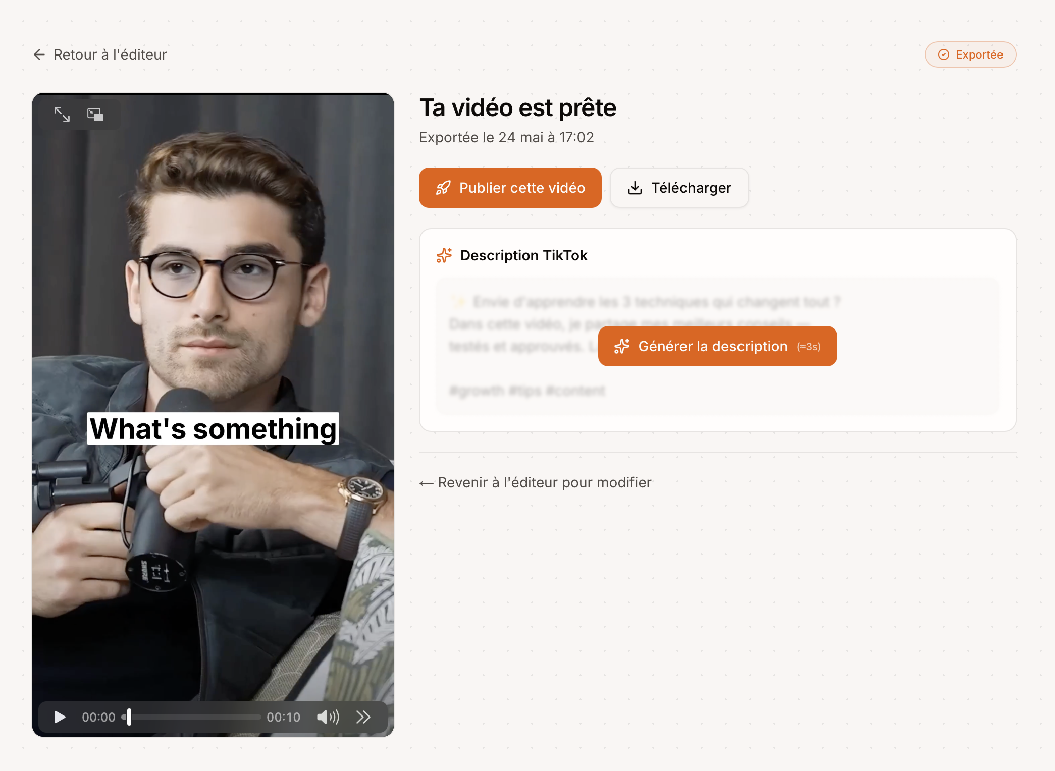Un video esportato dallo Studio, pronto da pubblicare su TikTok con la sua descrizione e i suoi hashtag